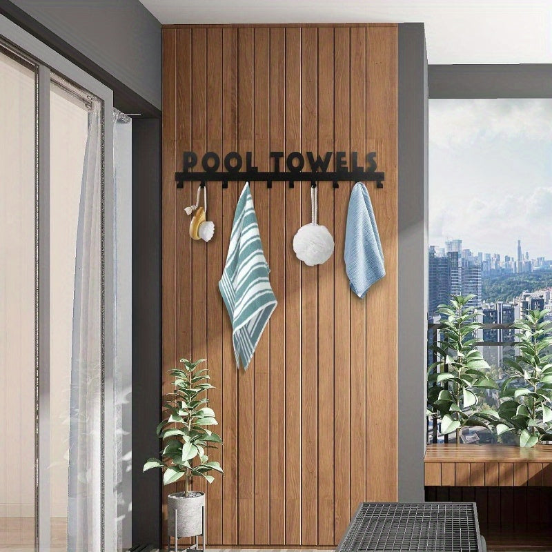 Large Pool Towel Rack with 10 Hooks, Wall Mounted, Suitable for Outdoor Use, Perfect Pool Area for Hanging Bathrobes, Towels, Clothes Exterior Sign and Trim (black), Towel Rack
