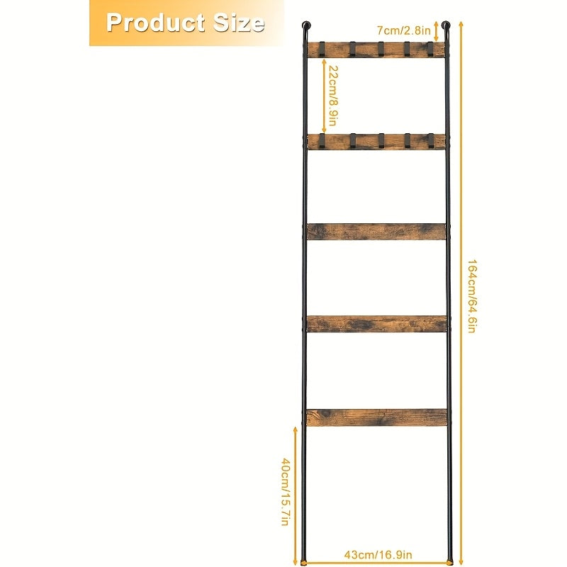 5 Tier Blanket Ladder 5 Tier Blanket Ladder with 10 Hooks | Farmhouse Style, Wall Mounted Wooden Storage Rack for Living Room Bathroom, Decorative Quilt Standing Towel Drying