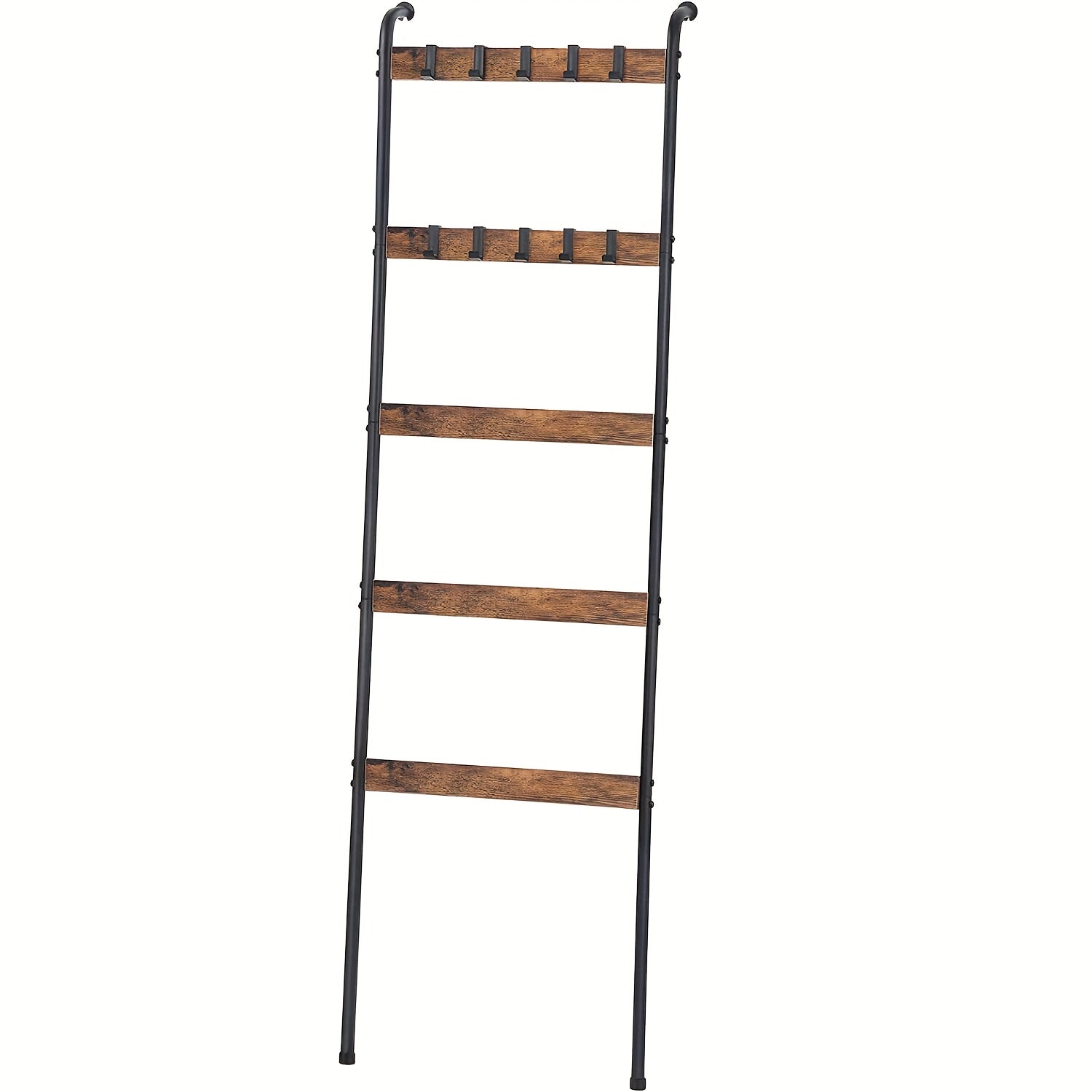 5 Tier Blanket Ladder 5 Tier Blanket Ladder with 10 Hooks | Farmhouse Style, Wall Mounted Wooden Storage Rack for Living Room Bathroom, Decorative Quilt Standing Towel Drying