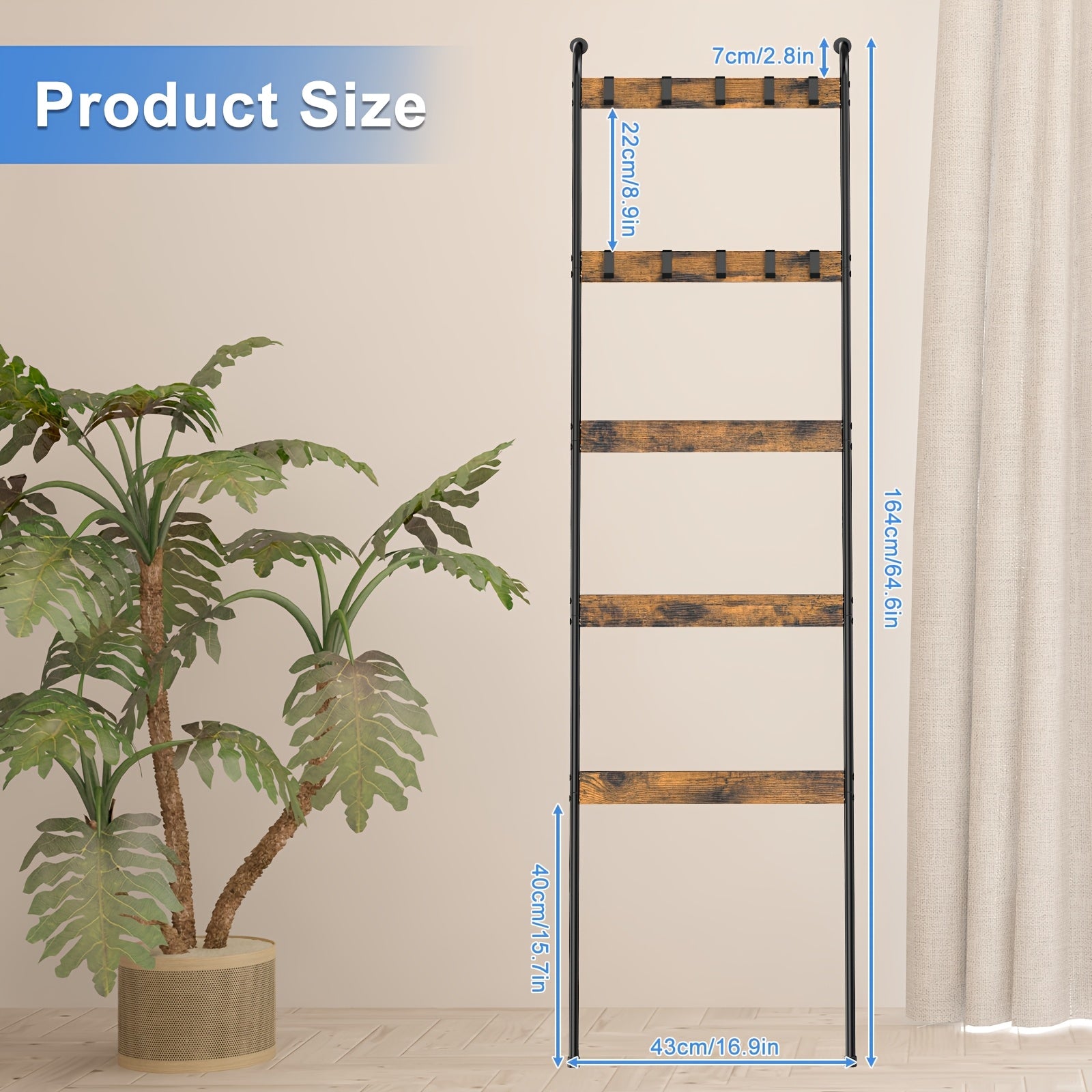 Rustic Ladder Rack 5-Tier Wooden & Metal Ladder Rack with Hooks - Rustic Multi-Purpose Decorative Organizer for Bathroom, Bedroom, or Living Room, Brown, Towel Rack