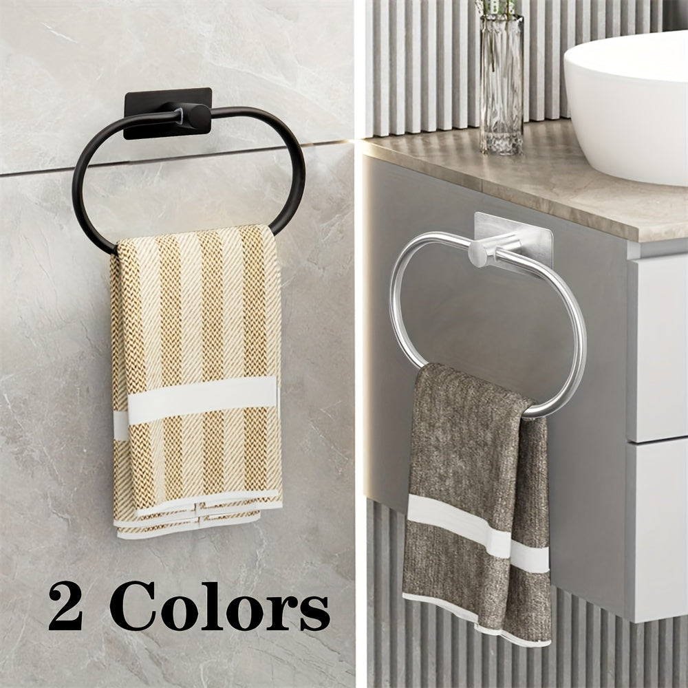 1pc Black Towel Ring with Shelf Stainless Steel Self Adhesive Hand Towel Holder for Bathroom Wall, Hand Towel Bar, Bathroom Towel Storage, Towel Holder For Wall, Bathroom Towel Holder For Wall, Towel Rack For Bathroom