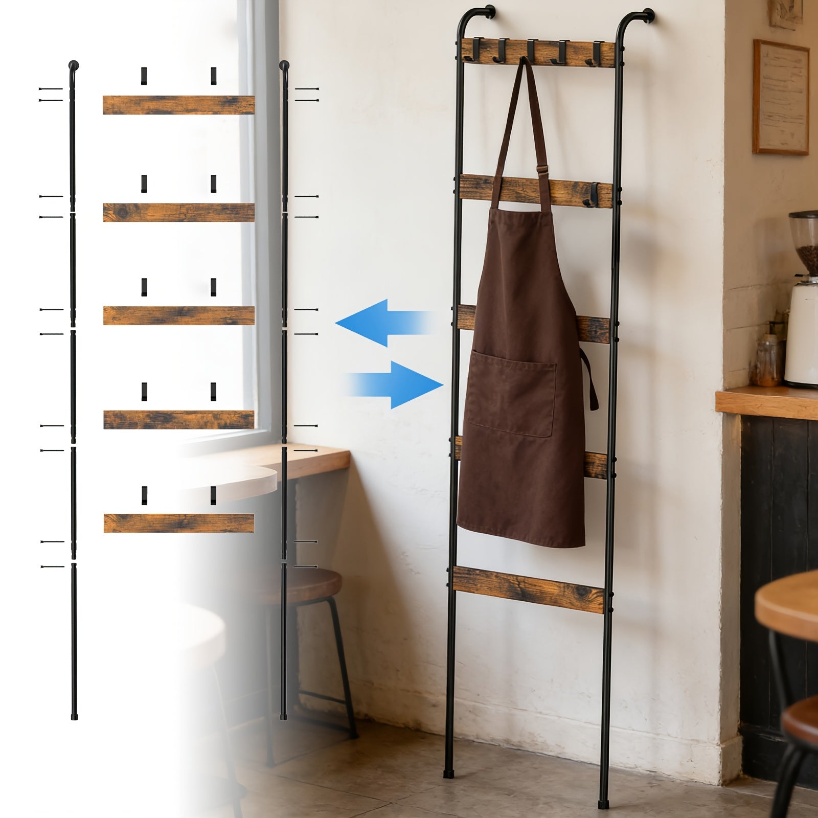 Rustic Ladder Rack 5-Tier Wooden & Metal Ladder Rack with Hooks - Rustic Multi-Purpose Decorative Organizer for Bathroom, Bedroom, or Living Room, Brown, Towel Rack