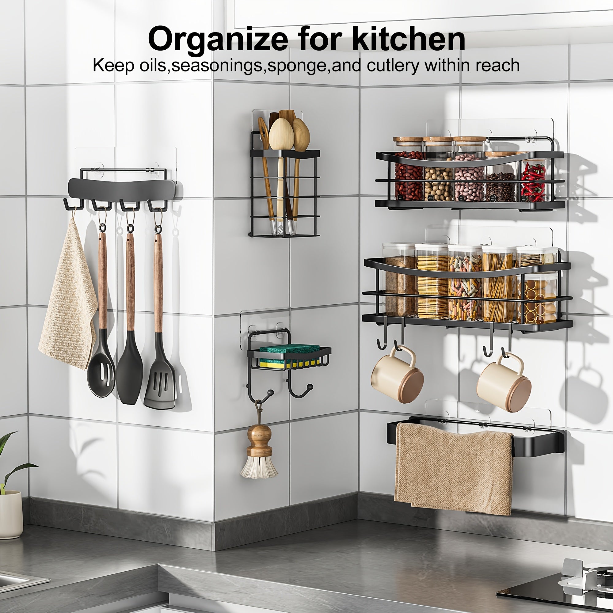 5\u002F6pcs Multifunctional Stainless Steel Punch-Free Bathroom Shelf, Soap Toothbrush Bathroom Supplies Storage Rack, Bathroom Towel Rack, Wall-Mounted Kitchen Seasoning Rack, with Four Hook Design, Bathroom Additions, Shower Storage Additions