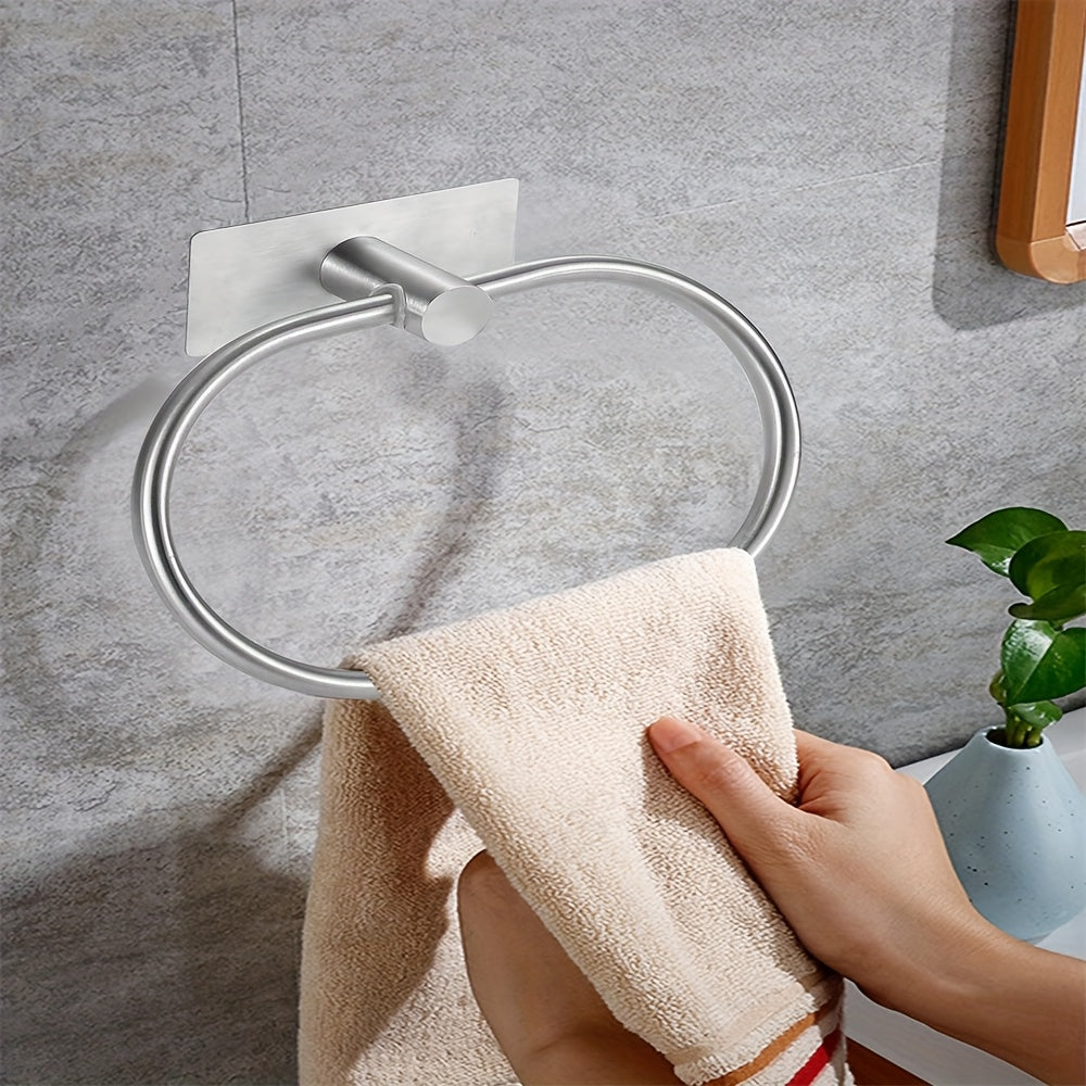 1pc Black Towel Ring with Shelf Stainless Steel Self Adhesive Hand Towel Holder for Bathroom Wall, Hand Towel Bar, Bathroom Towel Storage, Towel Holder For Wall, Bathroom Towel Holder For Wall, Towel Rack For Bathroom