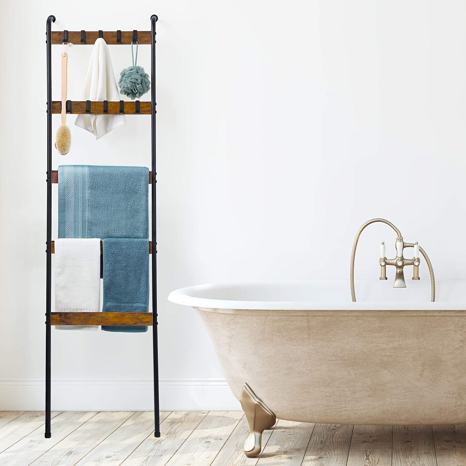 Rustic Ladder Rack 5-Tier Wooden & Metal Ladder Rack with Hooks - Rustic Multi-Purpose Decorative Organizer for Bathroom, Bedroom, or Living Room, Brown, Towel Rack