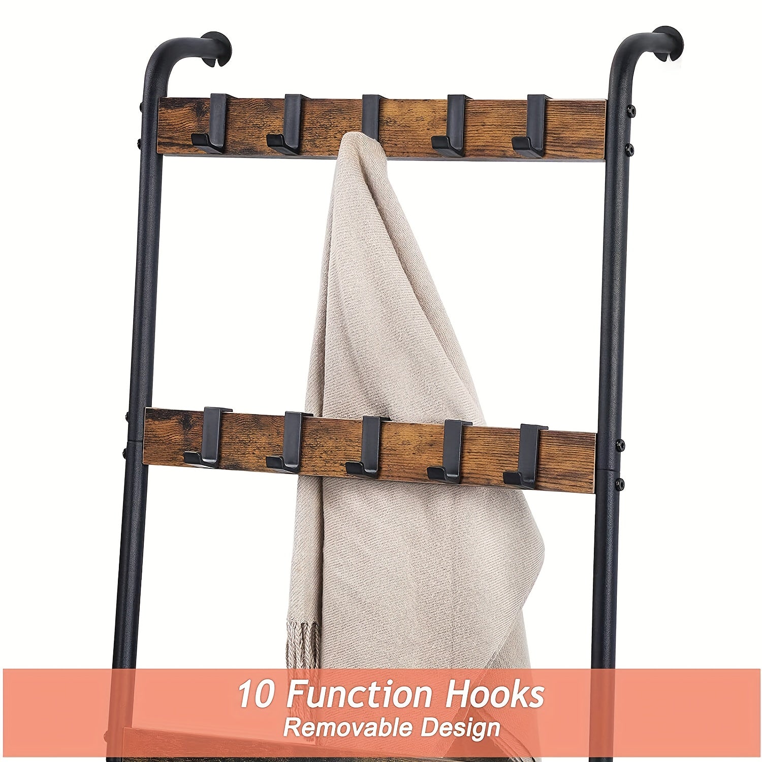 5 Tier Blanket Ladder 5 Tier Blanket Ladder with 10 Hooks | Farmhouse Style, Wall Mounted Wooden Storage Rack for Living Room Bathroom, Decorative Quilt Standing Towel Drying