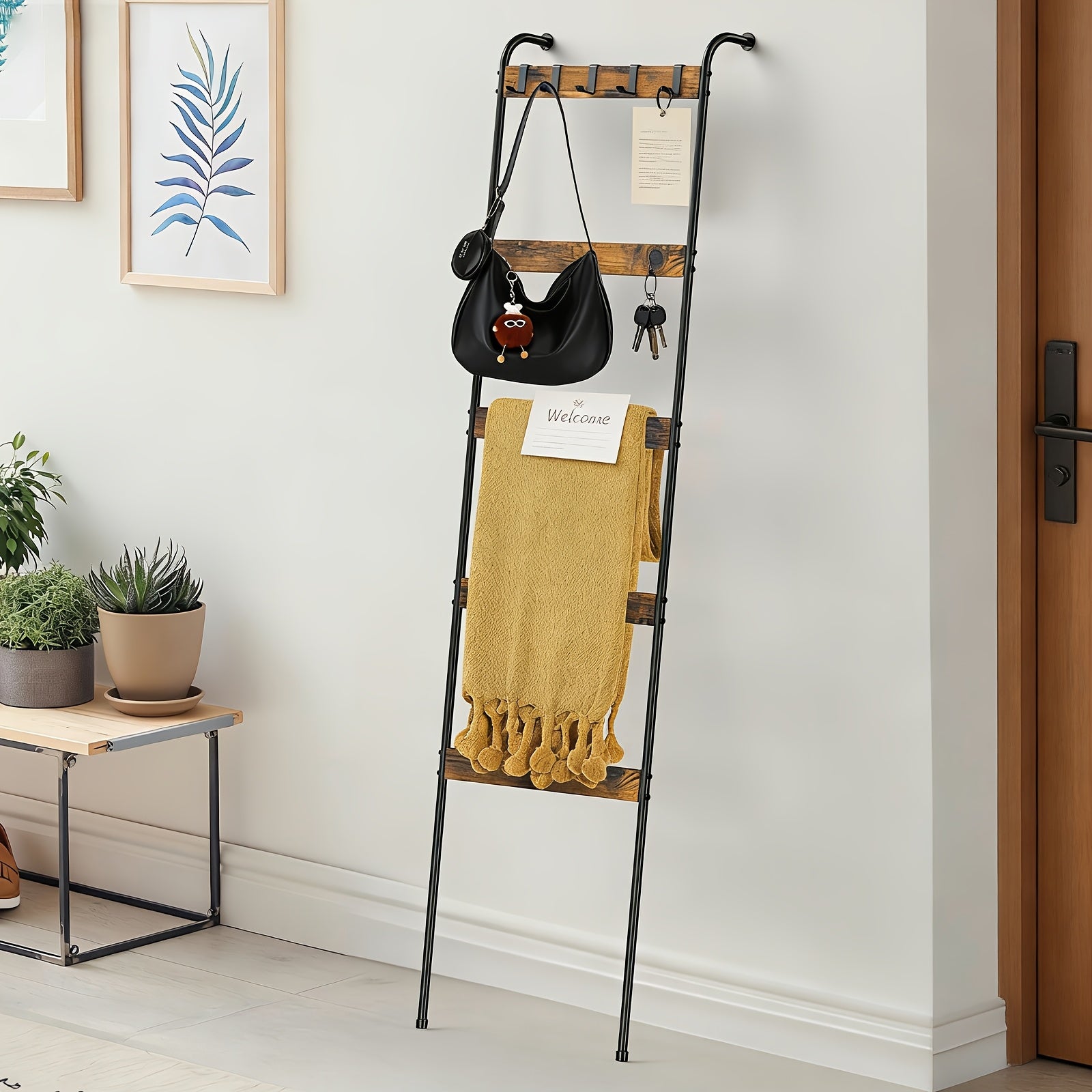 Rustic Ladder Rack 5-Tier Wooden & Metal Ladder Rack with Hooks - Rustic Multi-Purpose Decorative Organizer for Bathroom, Bedroom, or Living Room, Brown, Towel Rack