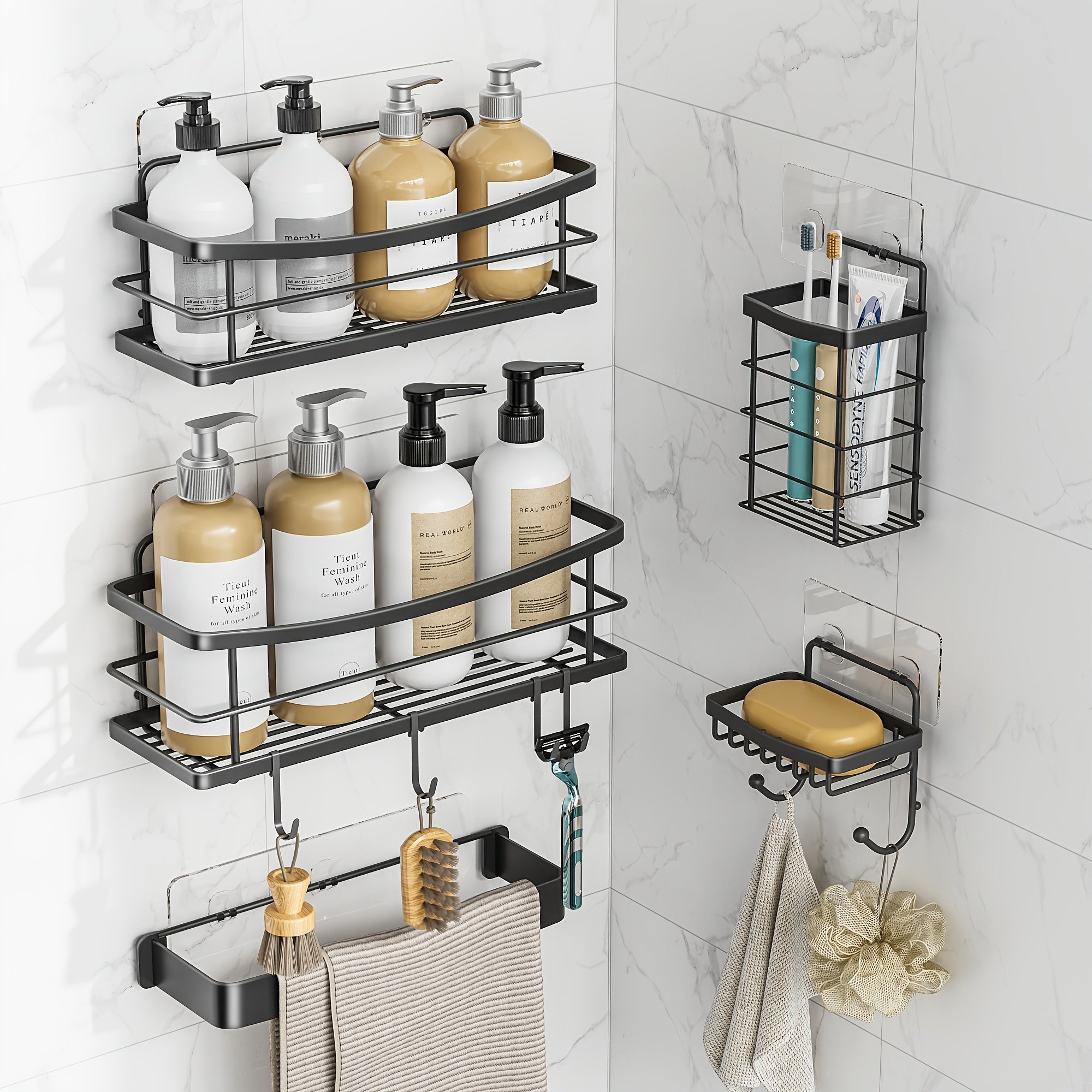 5\u002F6pcs Multifunctional Stainless Steel Punch-Free Bathroom Shelf, Soap Toothbrush Bathroom Supplies Storage Rack, Bathroom Towel Rack, Wall-Mounted Kitchen Seasoning Rack, with Four Hook Design, Bathroom Additions, Shower Storage Additions