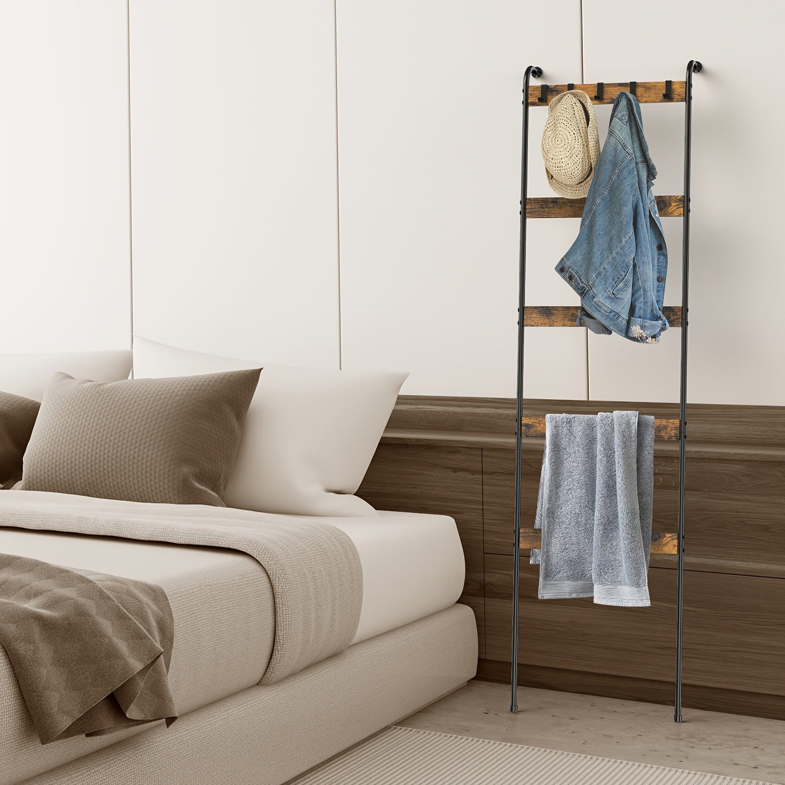 Rustic Ladder Rack 5-Tier Wooden & Metal Ladder Rack with Hooks - Rustic Multi-Purpose Decorative Organizer for Bathroom, Bedroom, or Living Room, Brown, Towel Rack