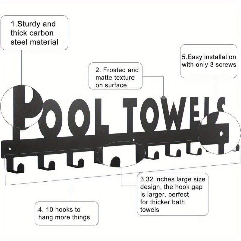 Large Pool Towel Rack with 10 Hooks, Wall Mounted, Suitable for Outdoor Use, Perfect Pool Area for Hanging Bathrobes, Towels, Clothes Exterior Sign and Trim (black), Towel Rack