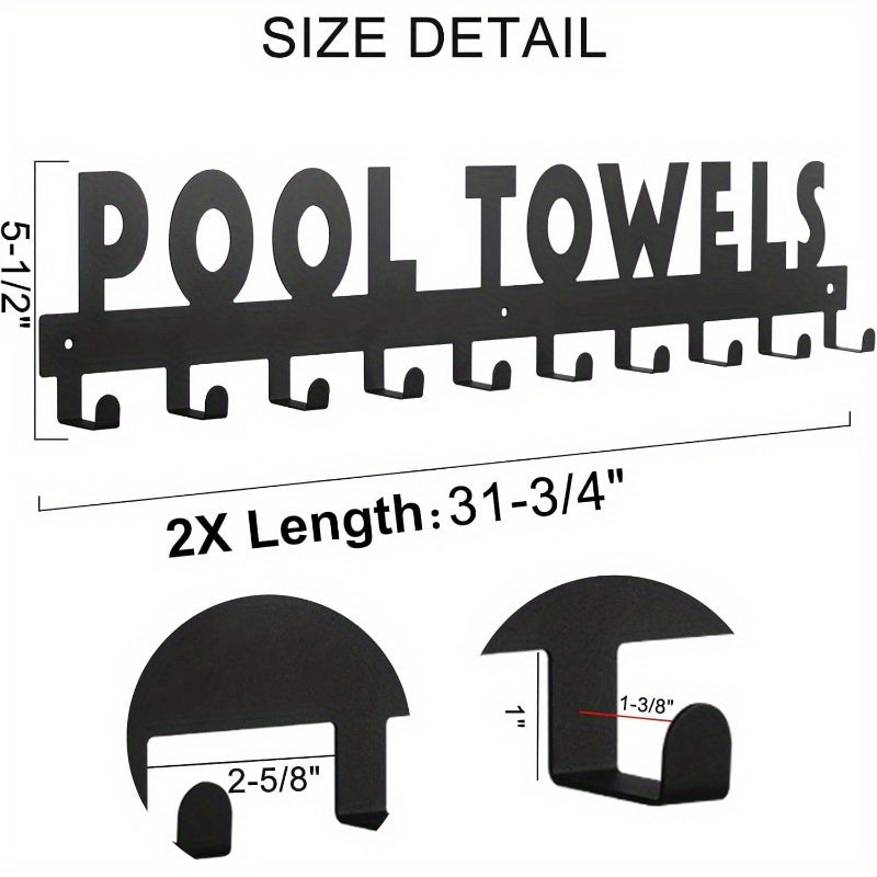 Large Pool Towel Rack with 10 Hooks, Wall Mounted, Suitable for Outdoor Use, Perfect Pool Area for Hanging Bathrobes, Towels, Clothes Exterior Sign and Trim (black), Towel Rack