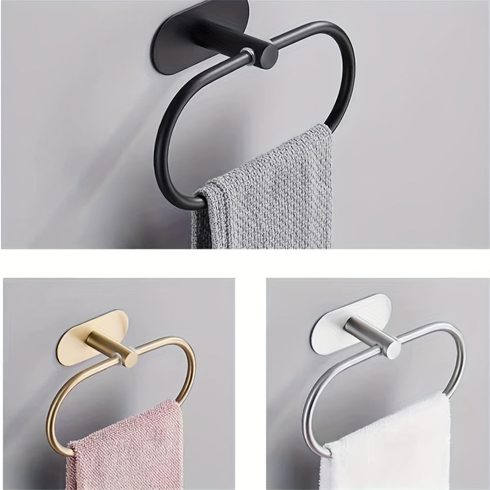 1pc Black Towel Ring with Shelf Stainless Steel Self Adhesive Hand Towel Holder for Bathroom Wall, Hand Towel Bar, Bathroom Towel Storage, Towel Holder For Wall, Bathroom Towel Holder For Wall, Towel Rack For Bathroom