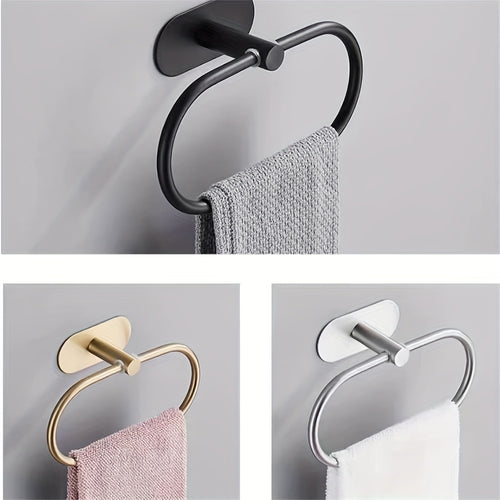 1pc Black Towel Ring with Shelf Stainless Steel Self Adhesive Hand Towel Holder for Bathroom Wall, Hand Towel Bar, Bathroom Towel Storage, Towel Holder For Wall, Bathroom Towel Holder For Wall, Towel Rack For Bathroom