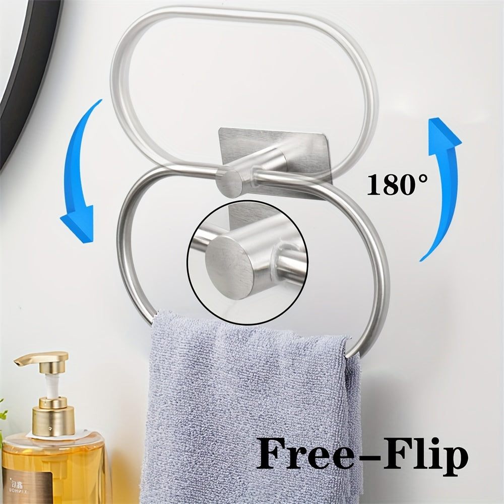 1pc Black Towel Ring with Shelf Stainless Steel Self Adhesive Hand Towel Holder for Bathroom Wall, Hand Towel Bar, Bathroom Towel Storage, Towel Holder For Wall, Bathroom Towel Holder For Wall, Towel Rack For Bathroom