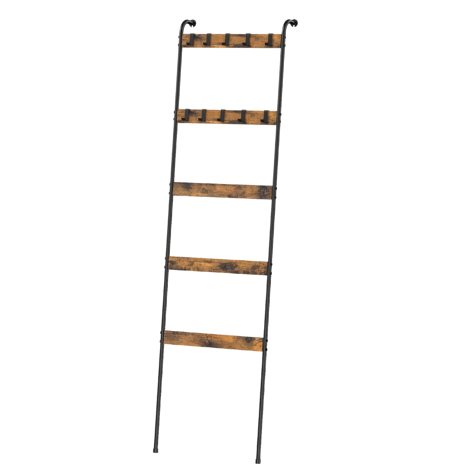 Rustic Ladder Rack 5-Tier Wooden & Metal Ladder Rack with Hooks - Rustic Multi-Purpose Decorative Organizer for Bathroom, Bedroom, or Living Room, Brown, Towel Rack